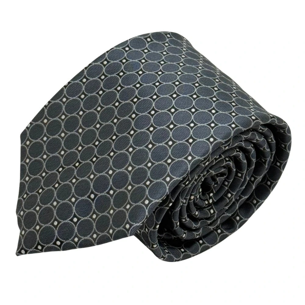 Grey Circle Necktie with Grey Cufflinks and Satin Pocket Square Combo for Men