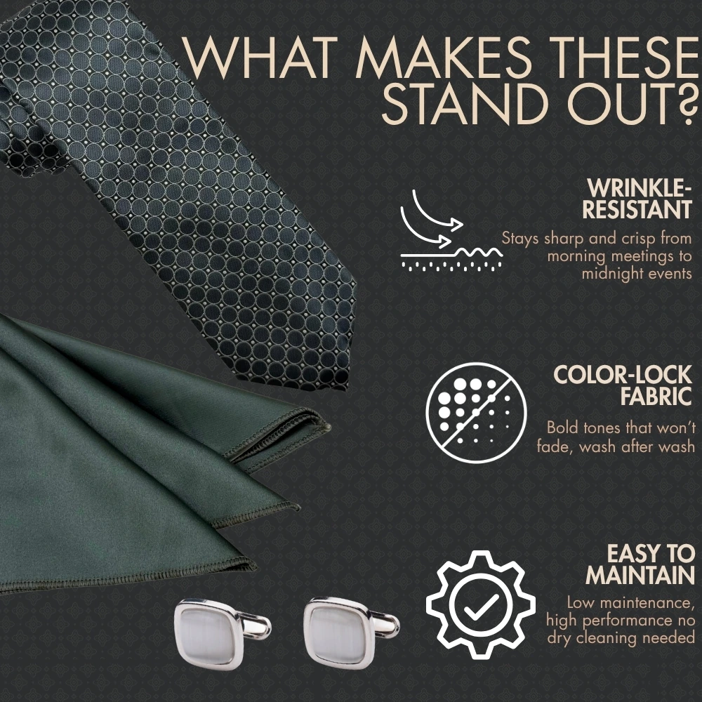 Grey Circle Necktie with Grey Cufflinks and Satin Pocket Square Combo for Men