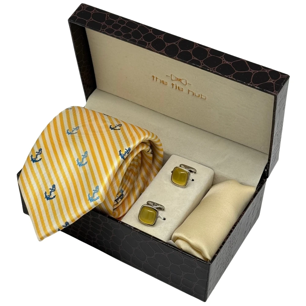 Yellow Anchor Stripe Necktie with Yellow Cufflinks and Pocket Square Combo Set for Men