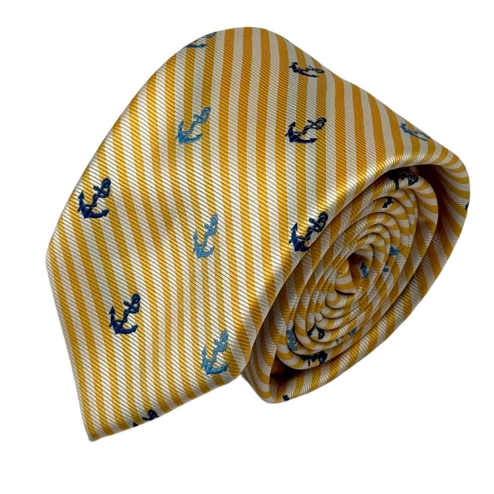 Yellow Anchor Stripe Necktie with Yellow Cufflinks and Pocket Square Combo Set for Men
