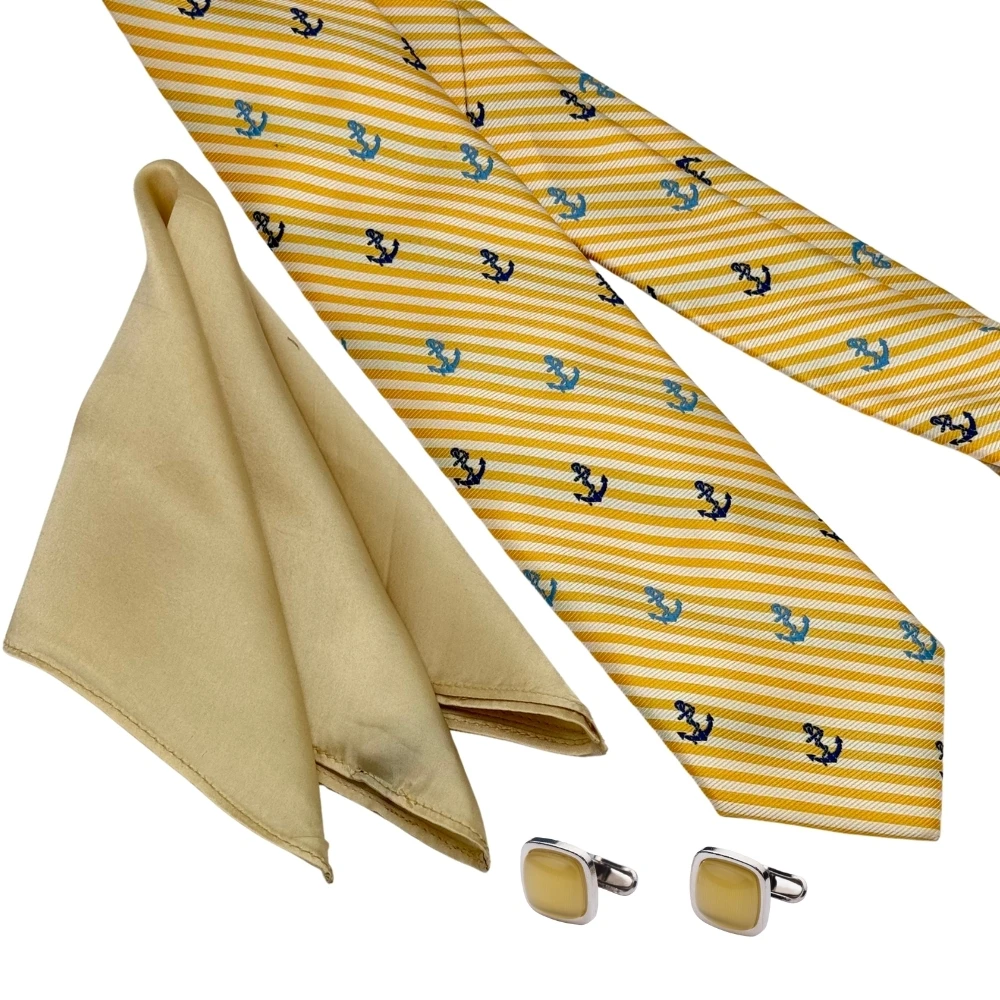 Yellow Anchor Stripe Necktie with Yellow Cufflinks and Pocket Square Combo Set for Men