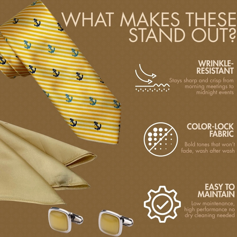 Yellow Anchor Stripe Necktie with Yellow Cufflinks and Pocket Square Combo Set for Men