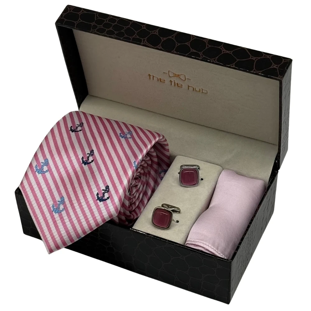 Pink Anchor Stripe Necktie with Pink Cufflinks and Pocket Square Combo for Men