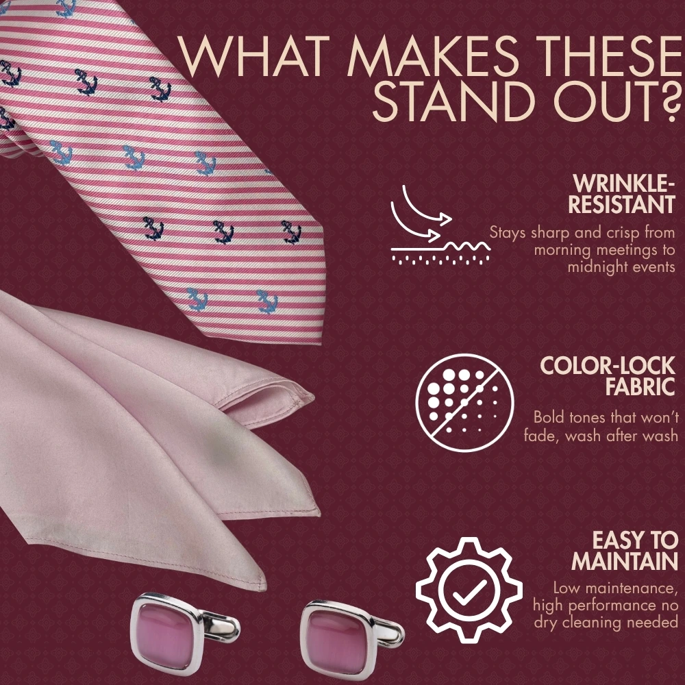 Pink Anchor Stripe Necktie with Pink Cufflinks and Pocket Square Combo for Men