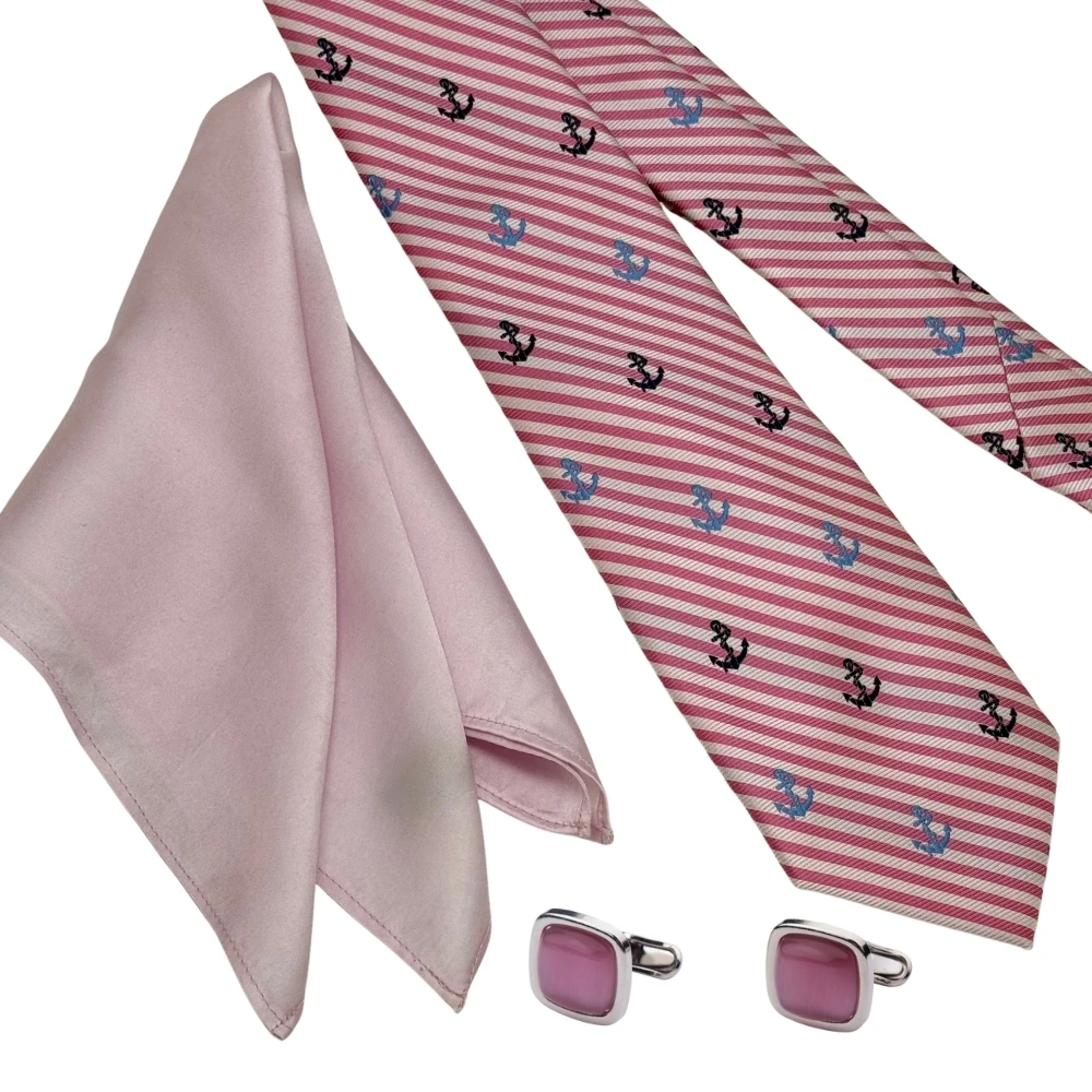 Pink Anchor Stripe Necktie with Pink Cufflinks and Pocket Square Combo for Men