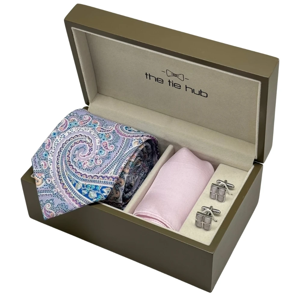 Multicolor Necktie with Grid Cufflinks and Lilac Pocket Square Combo for Men