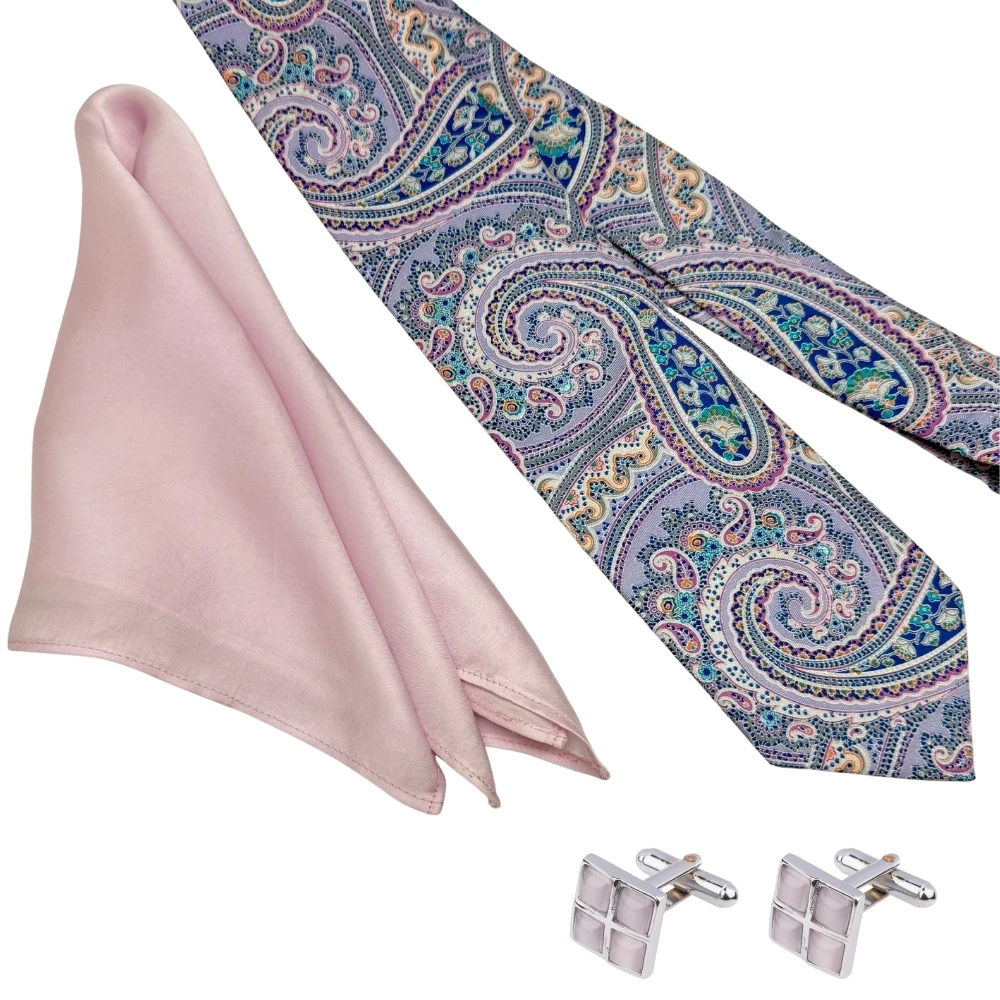 Multicolor Necktie with Grid Cufflinks and Lilac Pocket Square Combo for Men