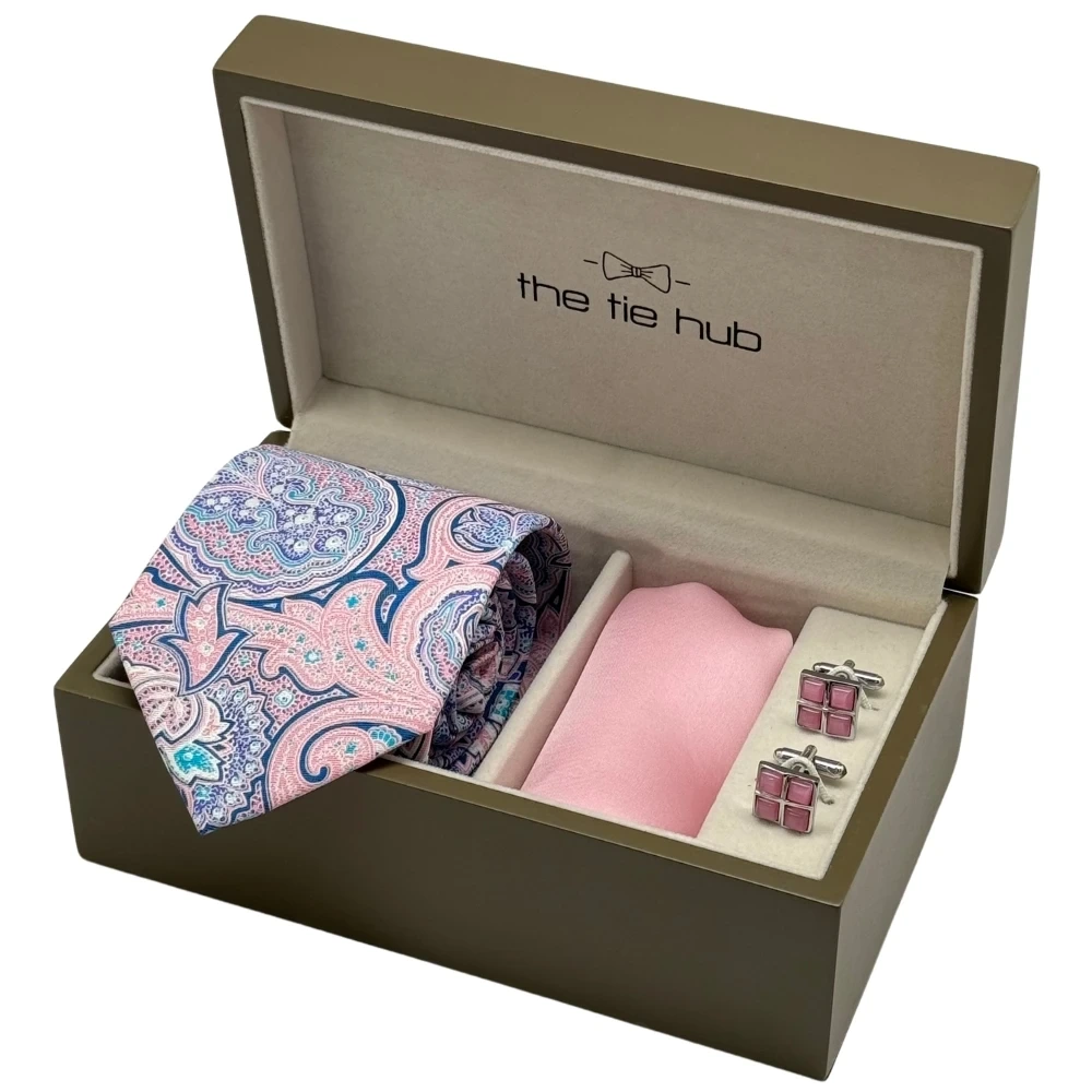Pink Necktie with Pink Grid Cufflinks and Baby Pink Pocket Square Combo for Men
