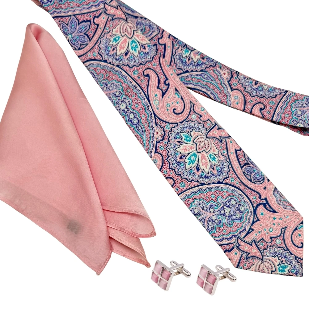 Pink Necktie with Pink Grid Cufflinks and Baby Pink Pocket Square Combo for Men