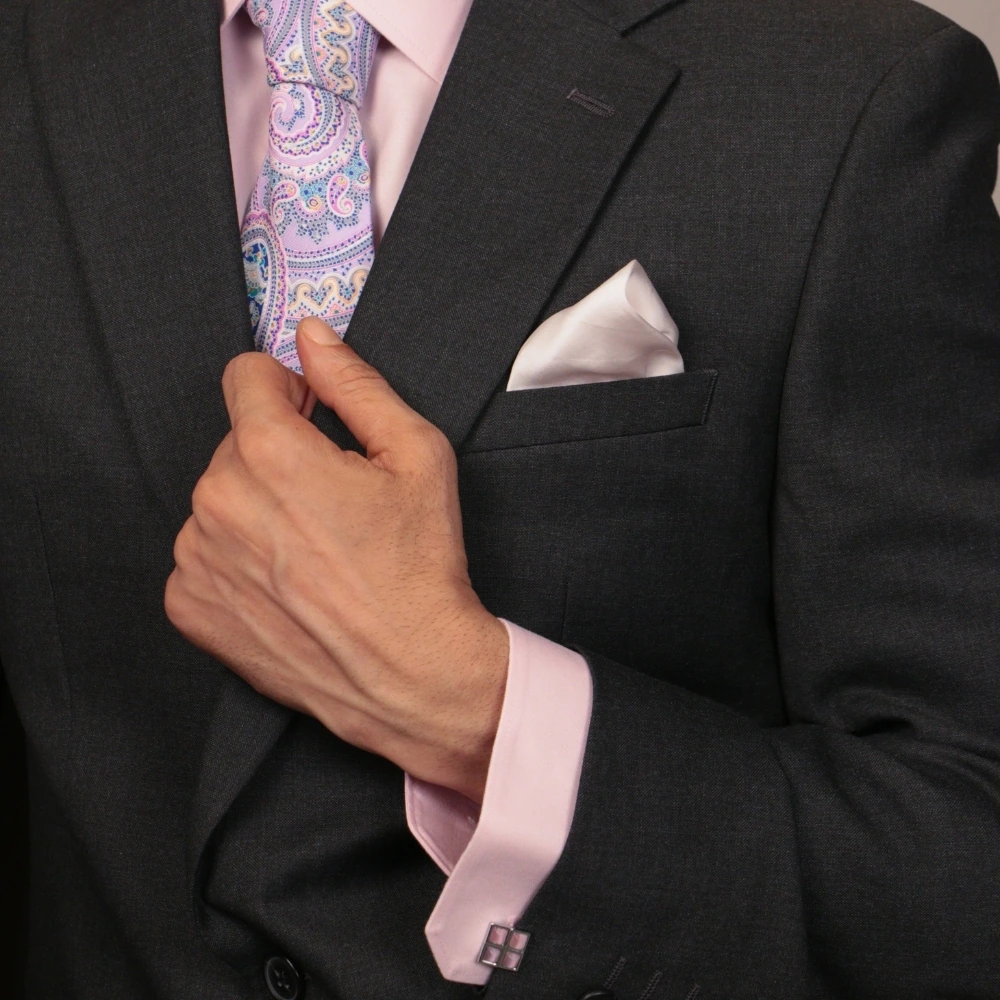 Pink Necktie with Pink Grid Cufflinks and Baby Pink Pocket Square Combo for Men