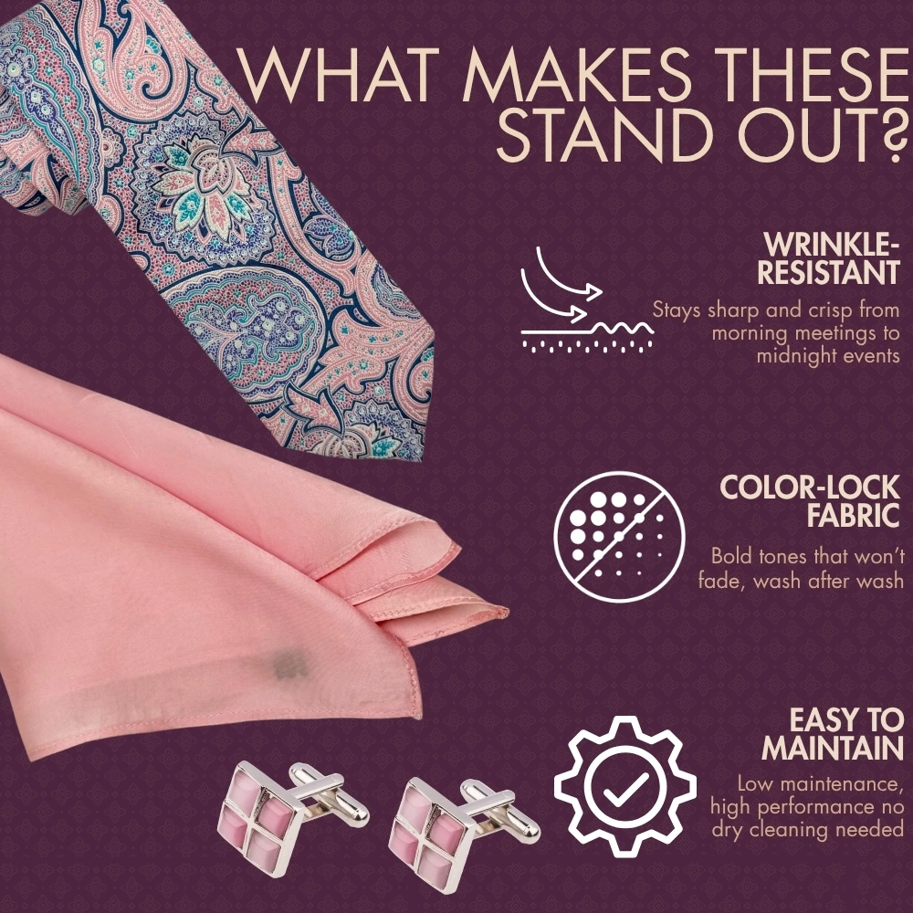 Pink Necktie with Pink Grid Cufflinks and Baby Pink Pocket Square Combo for Men