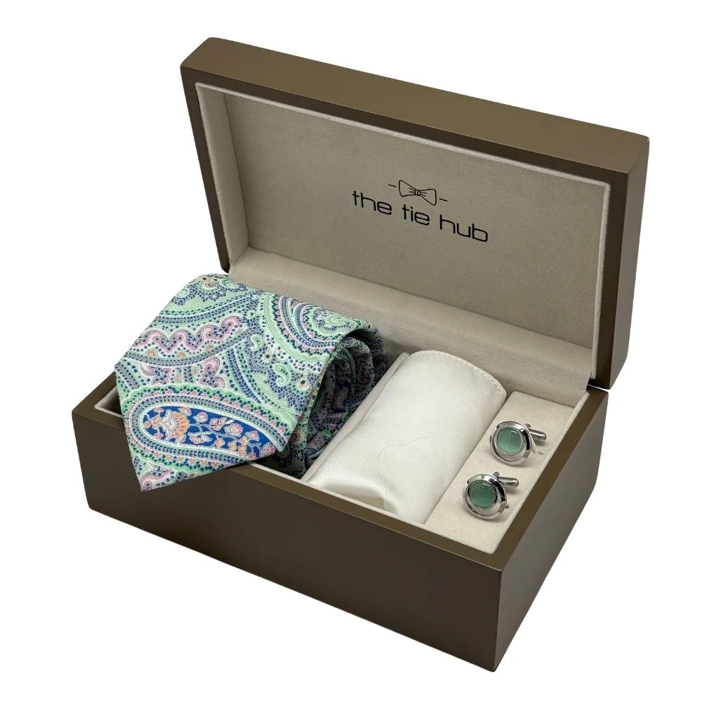 Mint Green Necktie with Round Green Cufflinks and White Pocket Square Combo for Men