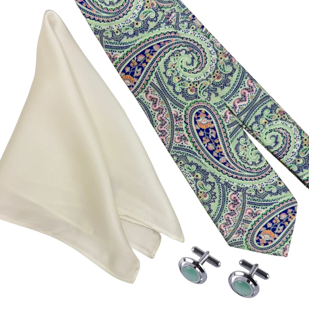 Mint Green Necktie with Round Green Cufflinks and White Pocket Square Combo for Men