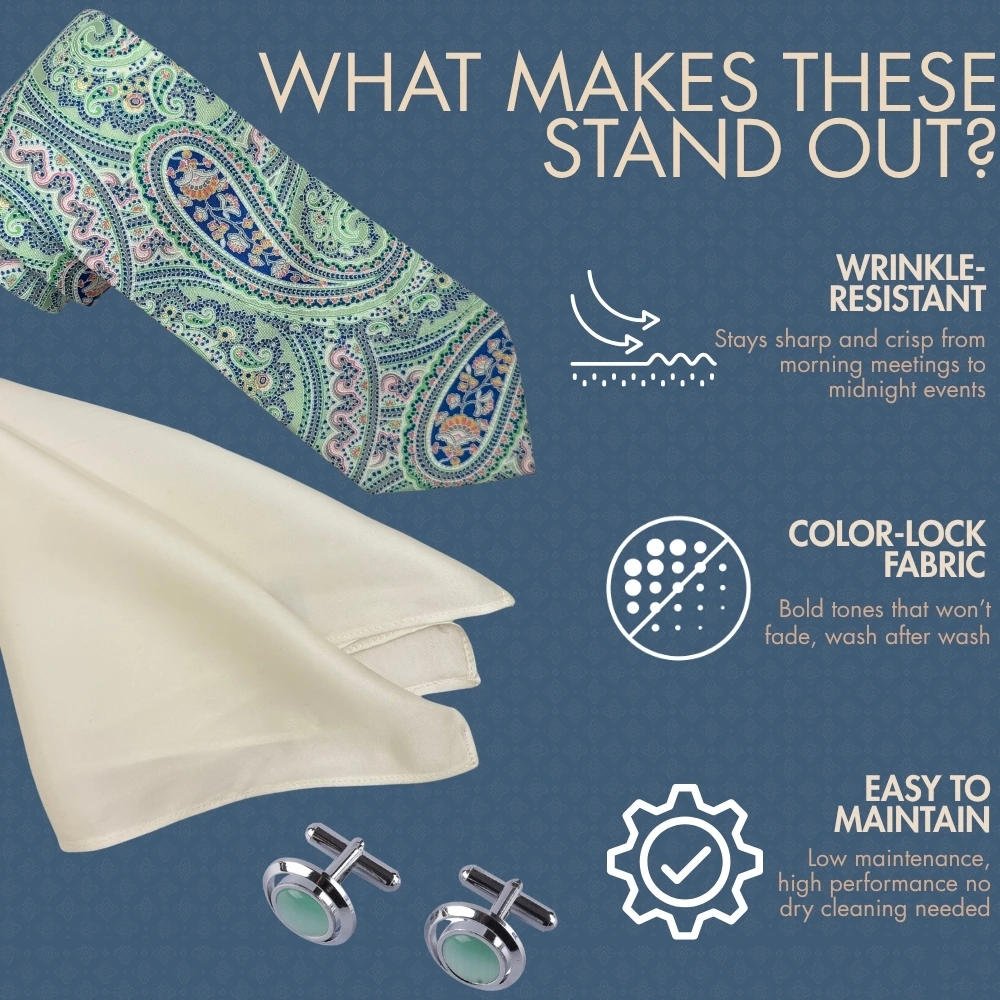Mint Green Necktie with Round Green Cufflinks and White Pocket Square Combo for Men
