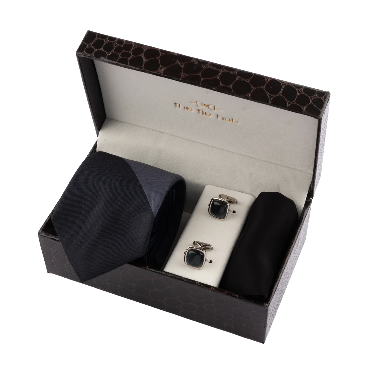 Grey with Black Necktie with Pocket Square and Cufflinks Gift Set for Men