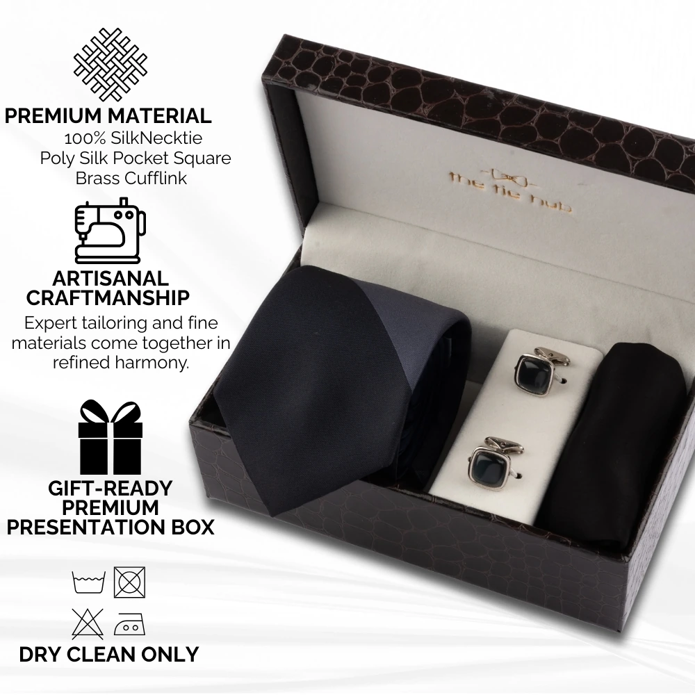 Grey with Black Necktie with Pocket Square and Cufflinks Gift Set for Men