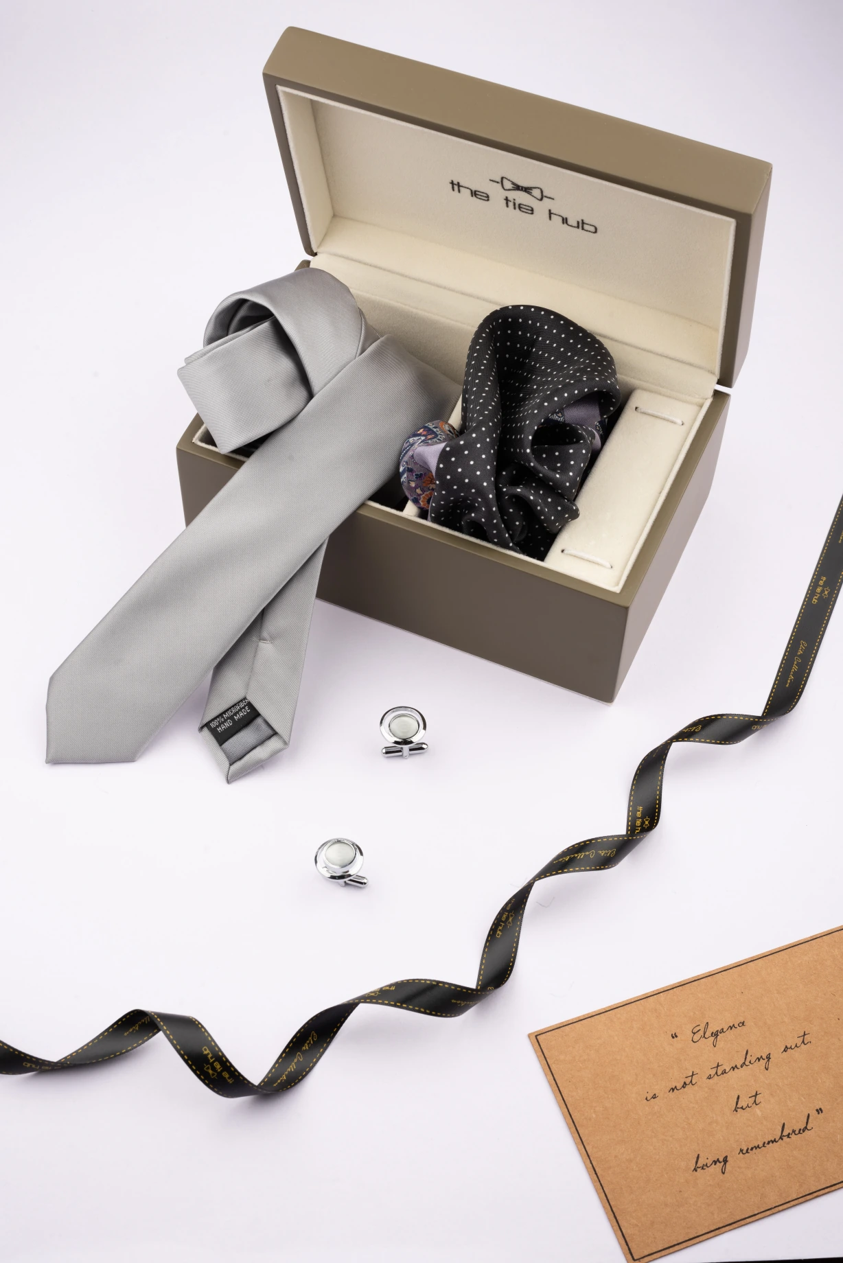 Silver Necktie with Pocket Square and Cufflink Gift Set for Men
