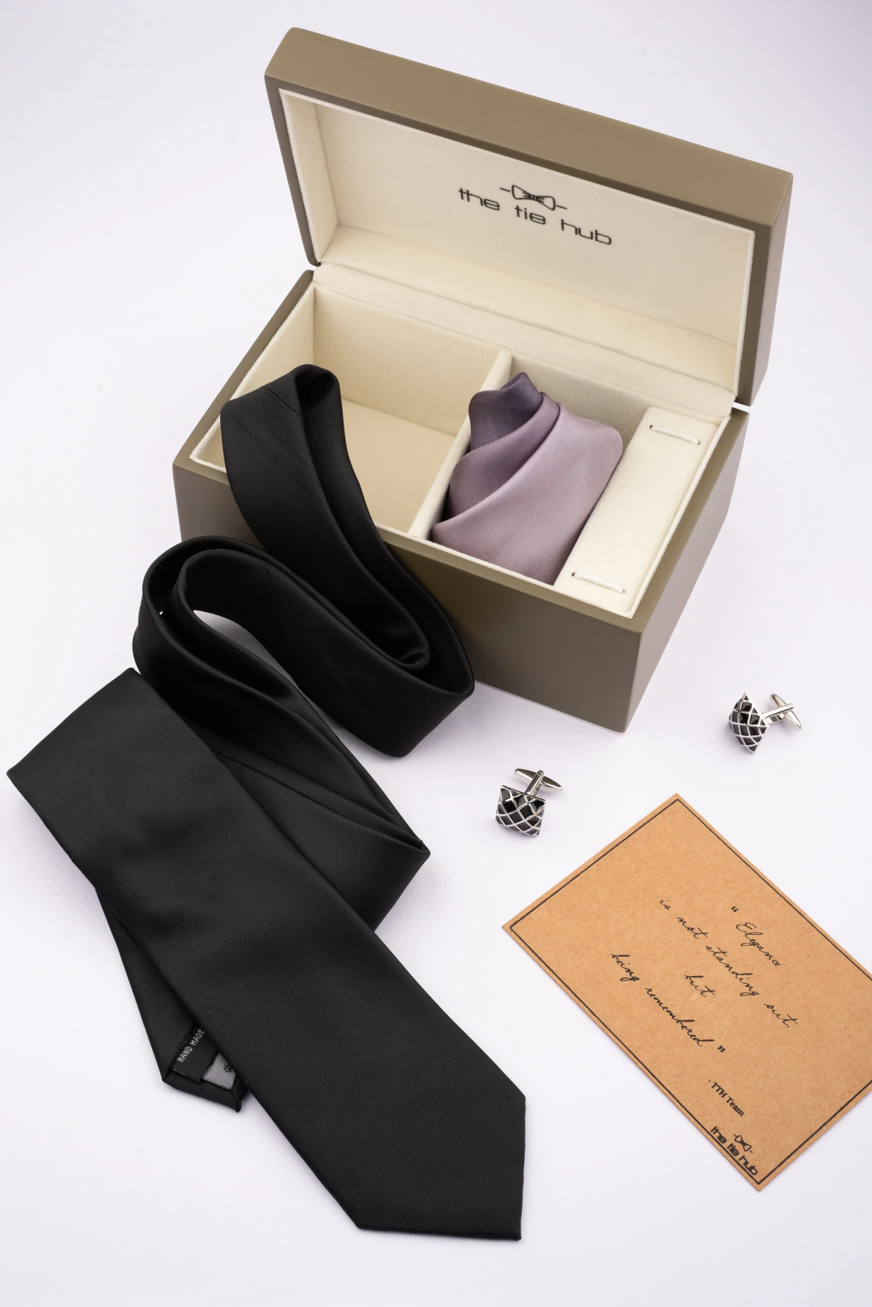 Black Necktie with Pocket Square and Cufflink Gift Set for Men