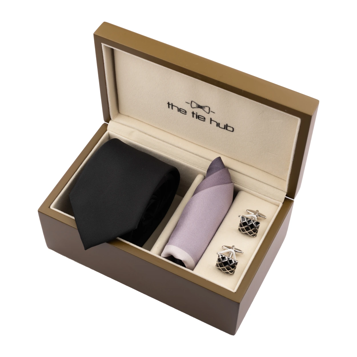 Black Necktie with Pocket Square and Cufflink Gift Set for Men