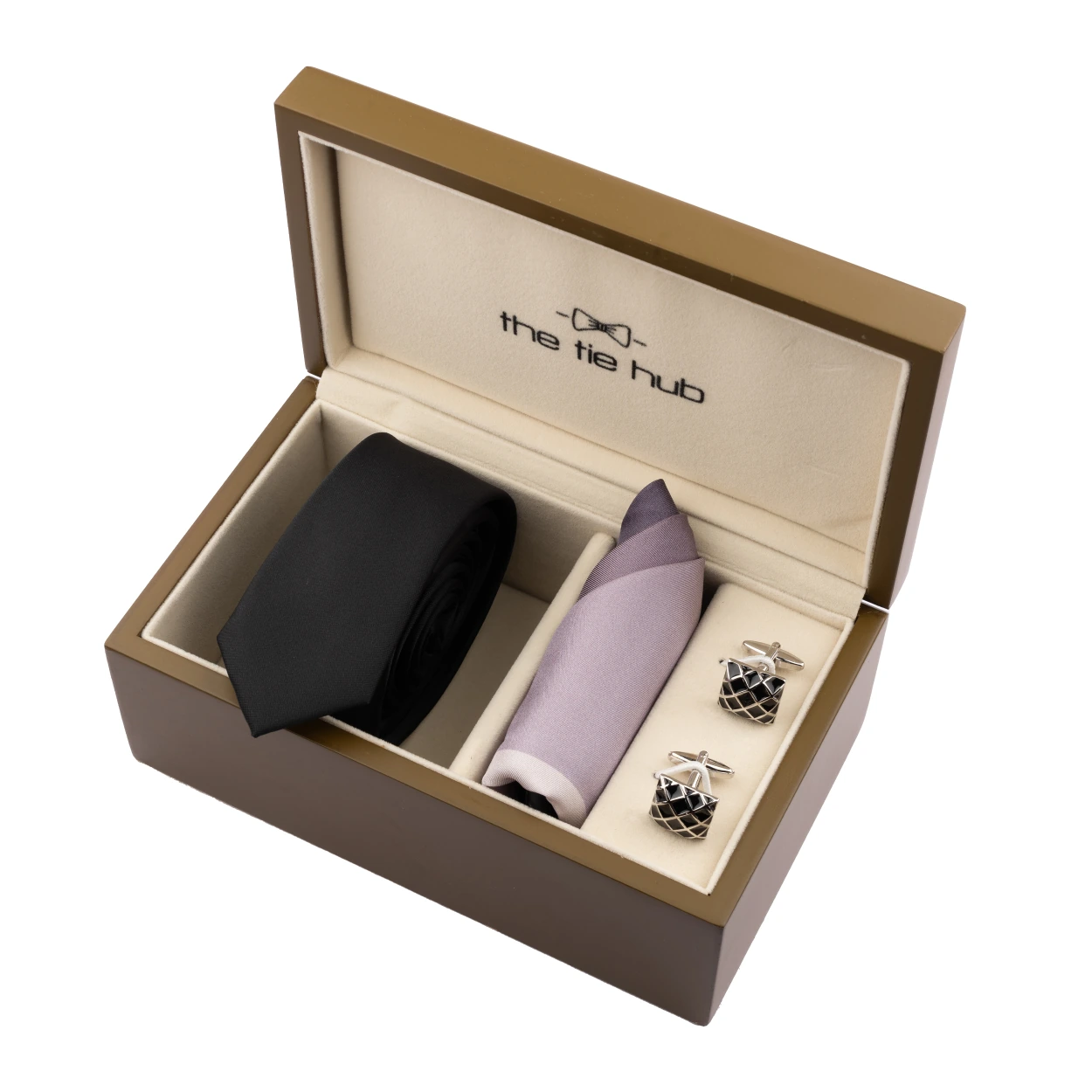 Solid Black Necktie with Pocket Square and Cufflink Gift Set for Men