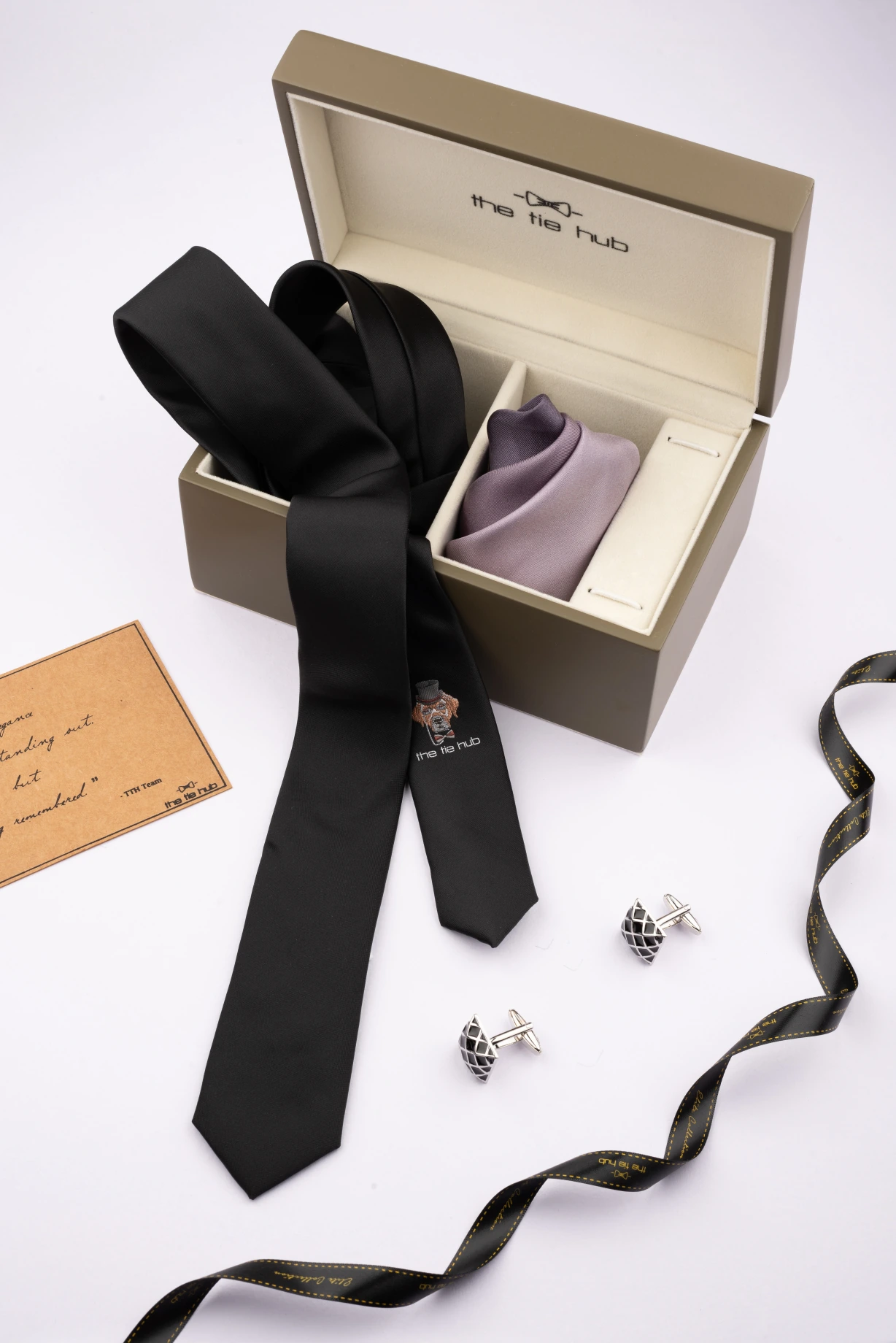 Solid Black Necktie with Pocket Square and Cufflink Gift Set for Men