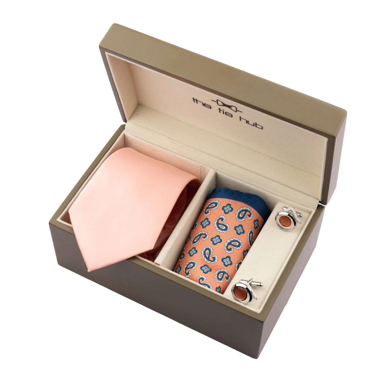Solid Peach Necktie with Pocket Square and Cufflink Gift Set for Men