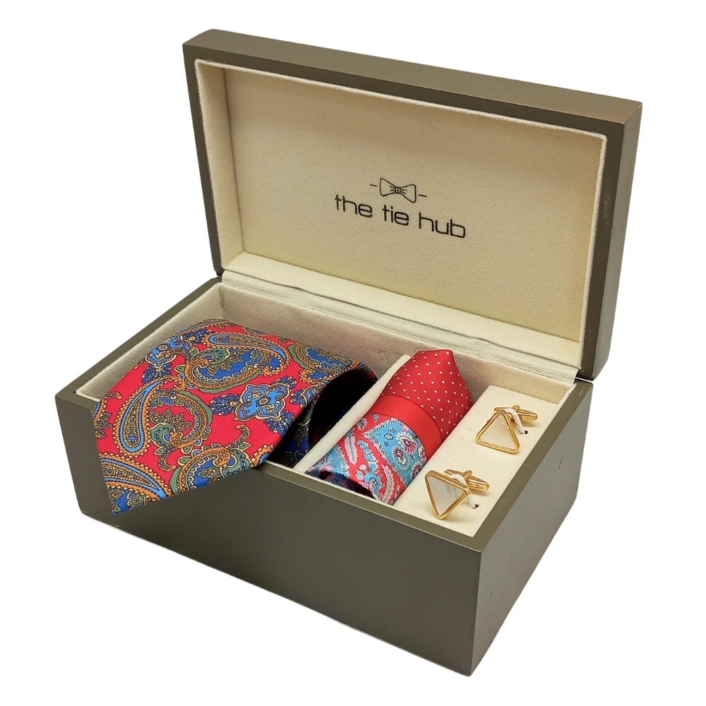 Red Paisley Italian Silk Microfiber Necktie with Silk Pocket Square and Cufflink Gift Set for Men