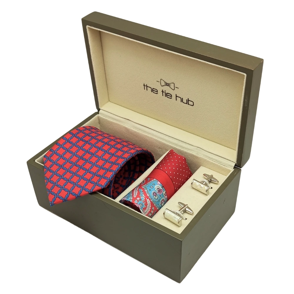 Red Italian Silk Microfiber Necktie with Silk Pocket Square and Cufflink Gift Set for Men