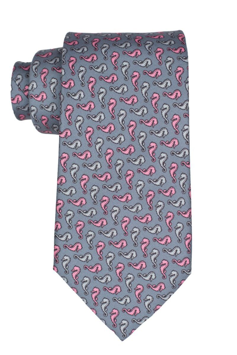 Grey Seahorse Italian Silk Microfiber Necktie with Silk Pocket Square and Cufflinks Gift Set for Men