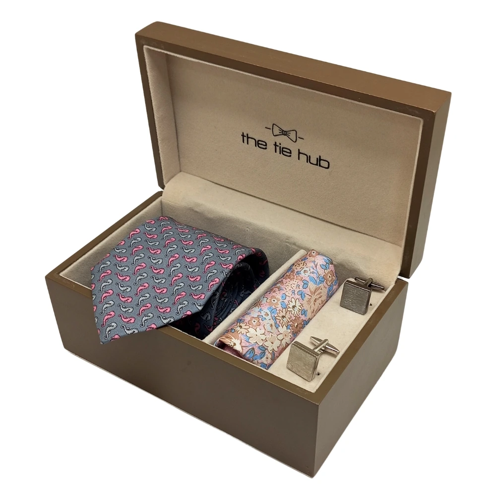 Grey Seahorse Italian Silk Microfiber Necktie with Silk Pocket Square and Cufflinks Gift Set for Men