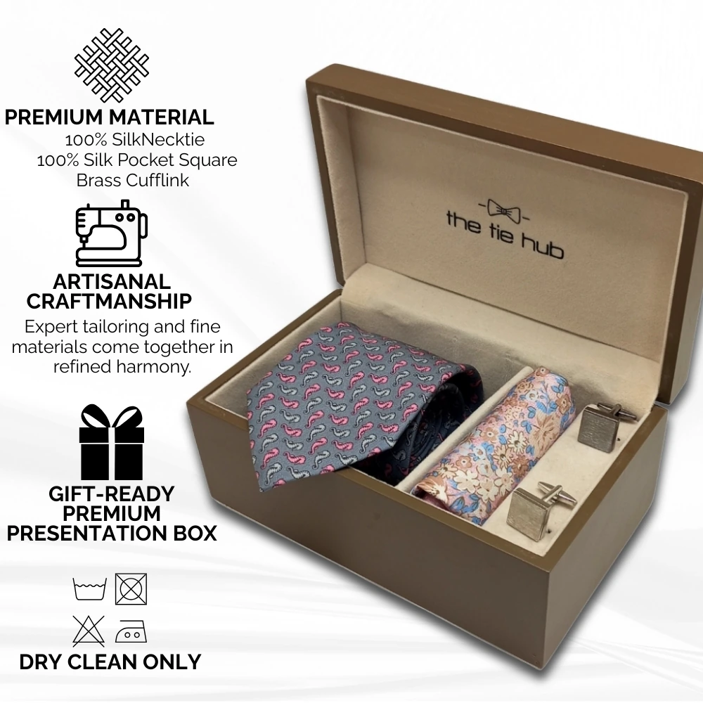 Grey Seahorse Italian Silk Microfiber Necktie with Silk Pocket Square and Cufflinks Gift Set for Men
