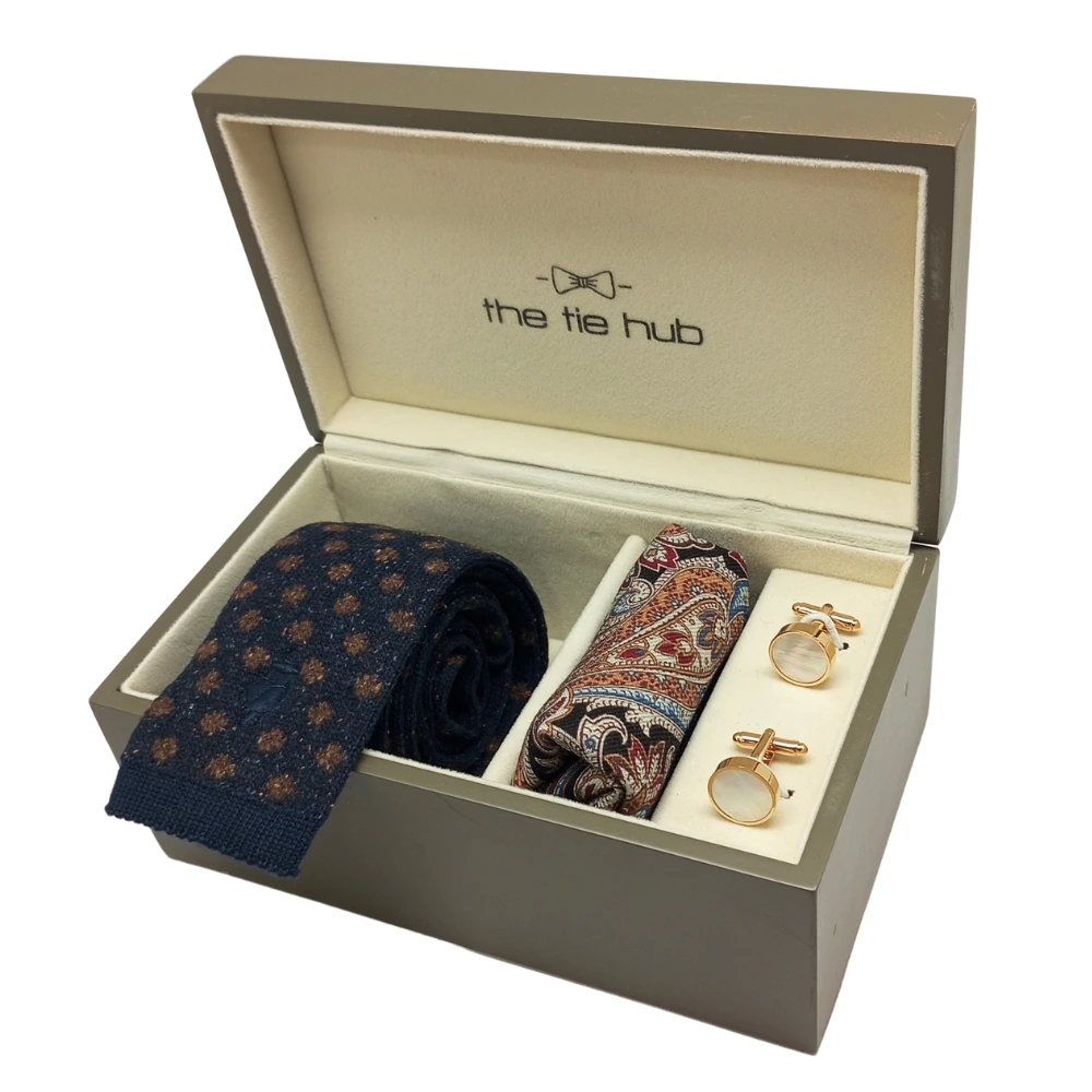 Blue with Brown Polka Knitted 100% Wool Microfiber Necktie with Wool Pocket Square and Cufflink Giftset Gift Set for Men