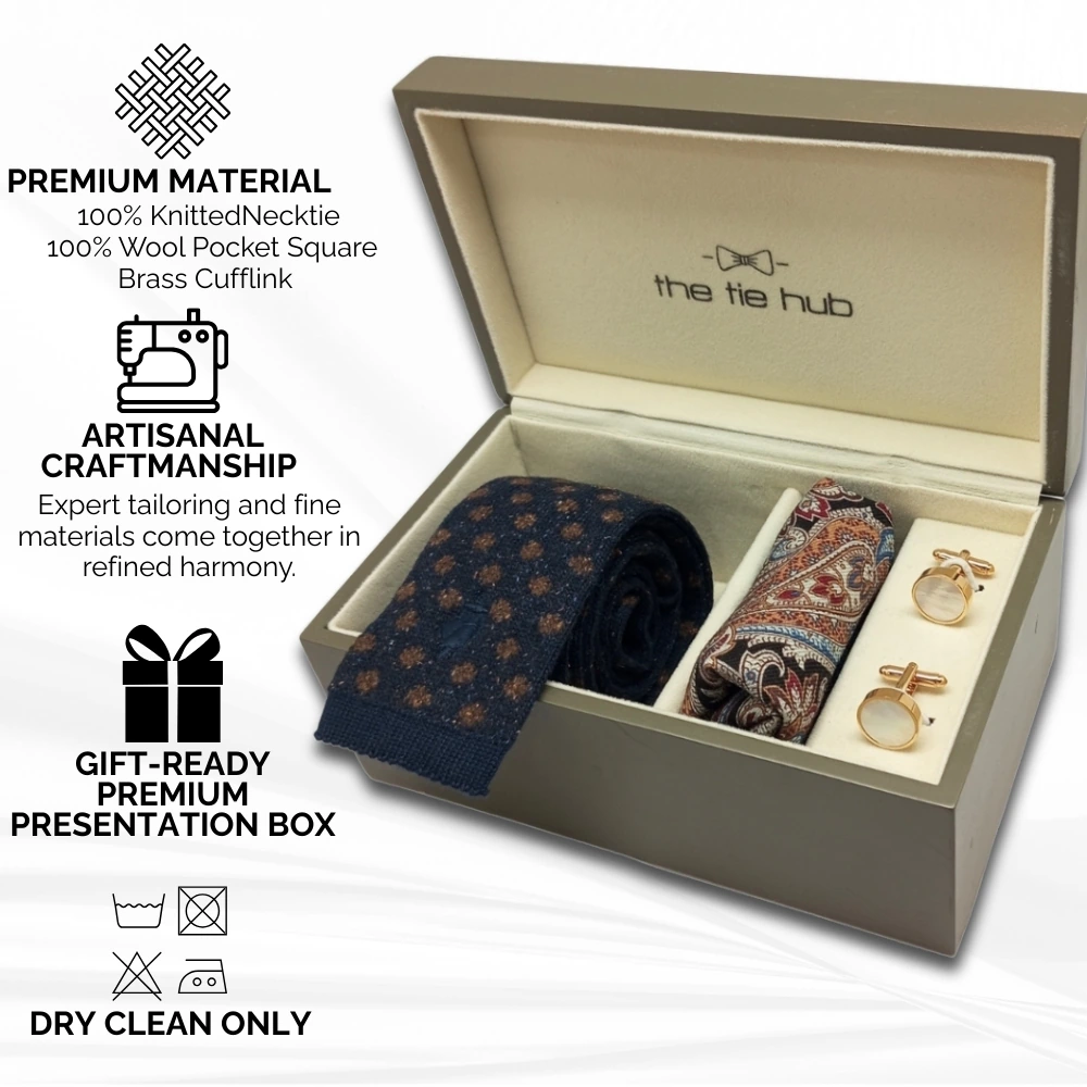 Blue with Brown Polka Knitted 100% Wool Microfiber Necktie with Wool Pocket Square and Cufflink Giftset Gift Set for Men