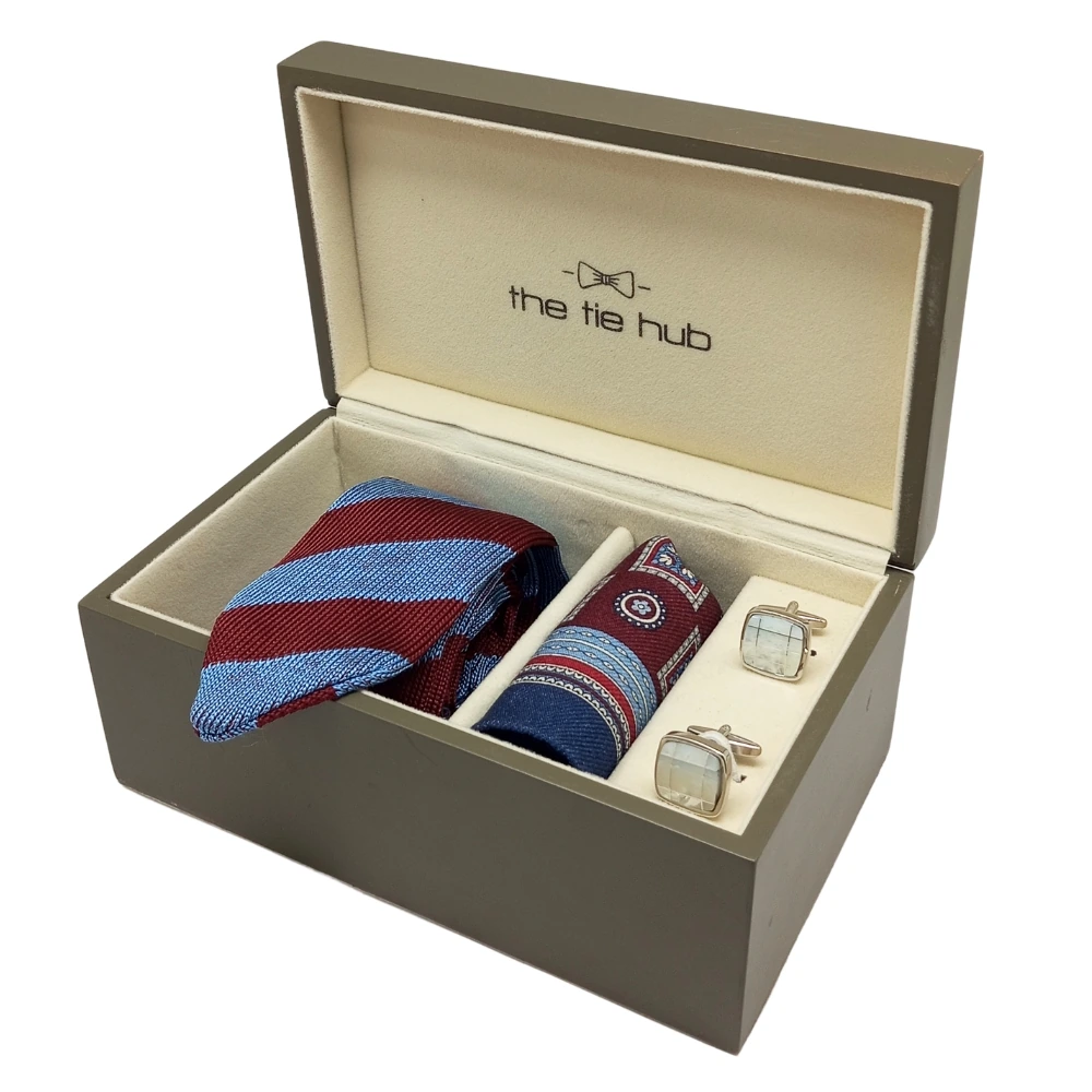 Striped Blue and Burgundy Knitted 100% Silk Microfiber Necktie with Wool Pocket Square and Cufflink Giftset Gift Set for Men