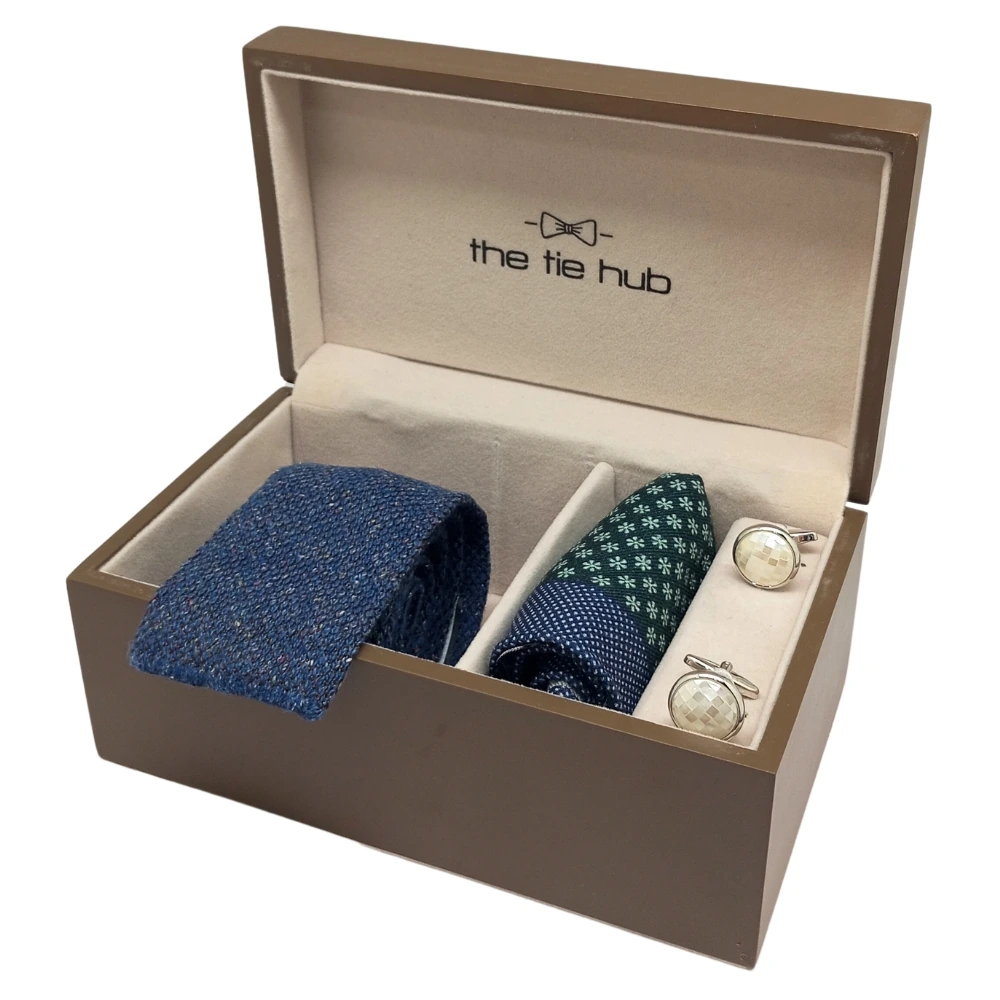 Navy Blue Knitted Microfiber Necktie with Wool Pocket Square and Cufflink Gift Set for Men