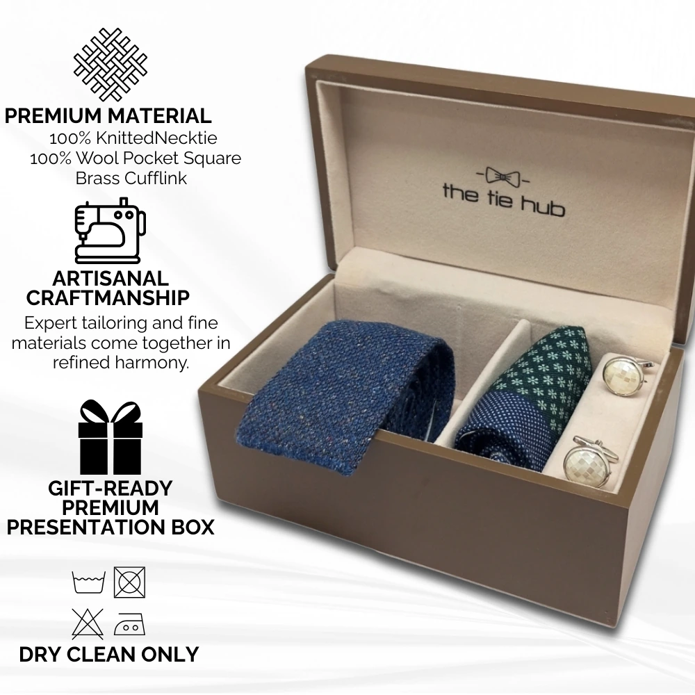 Navy Blue Knitted Microfiber Necktie with Wool Pocket Square and Cufflink Gift Set for Men