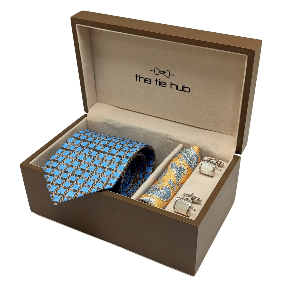Blue and Brown Italian Silk Necktie with Silk Pocket Square and Mother of Pearl Cufflinks Combo for Men Luxury Gift Box Set for Men