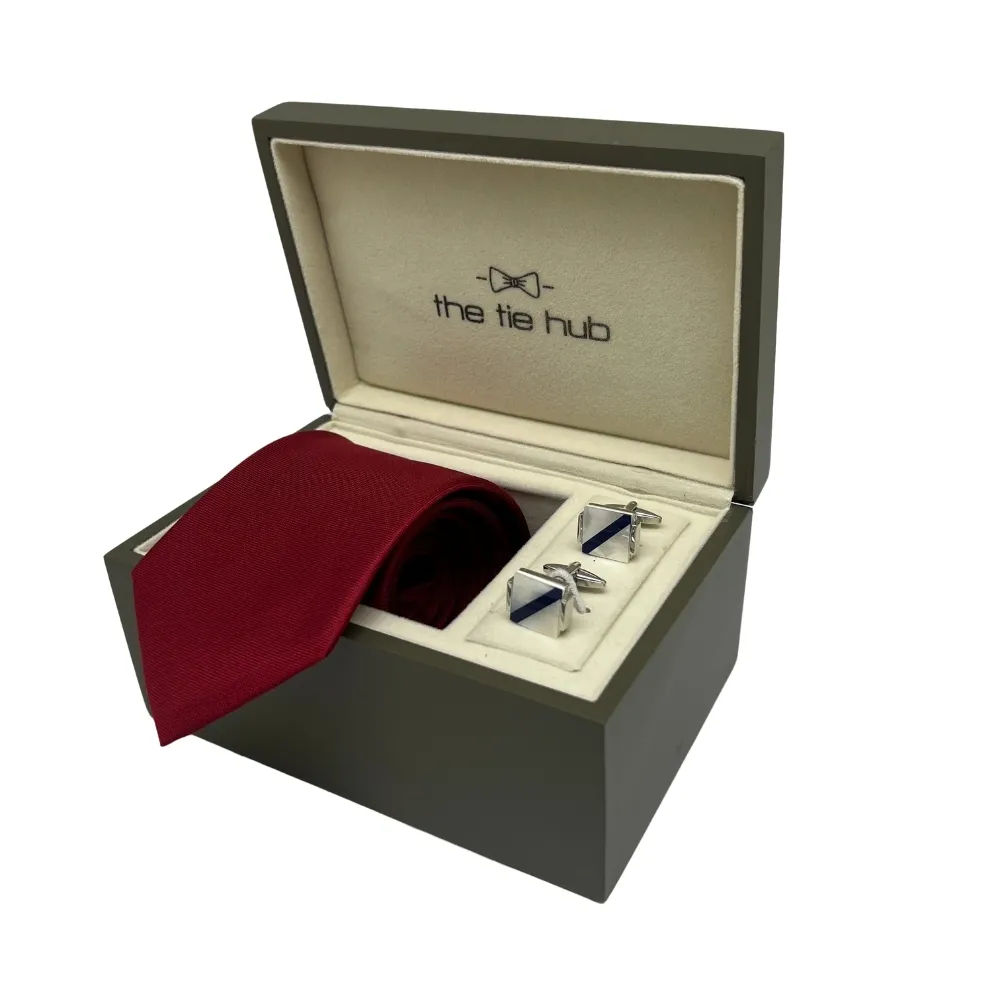 Red Silk Necktie and Blue Mother of Pearl Brass Cufflinks Gift Set - Premium Mens Accessory Combo for Men