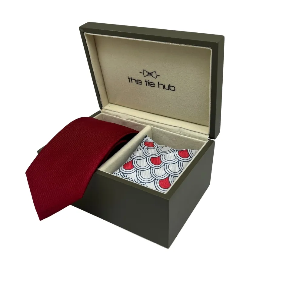 Red Silk Necktie and Patterned Pocket Square Gift Set - Premium Mens Accessory Combo for Men