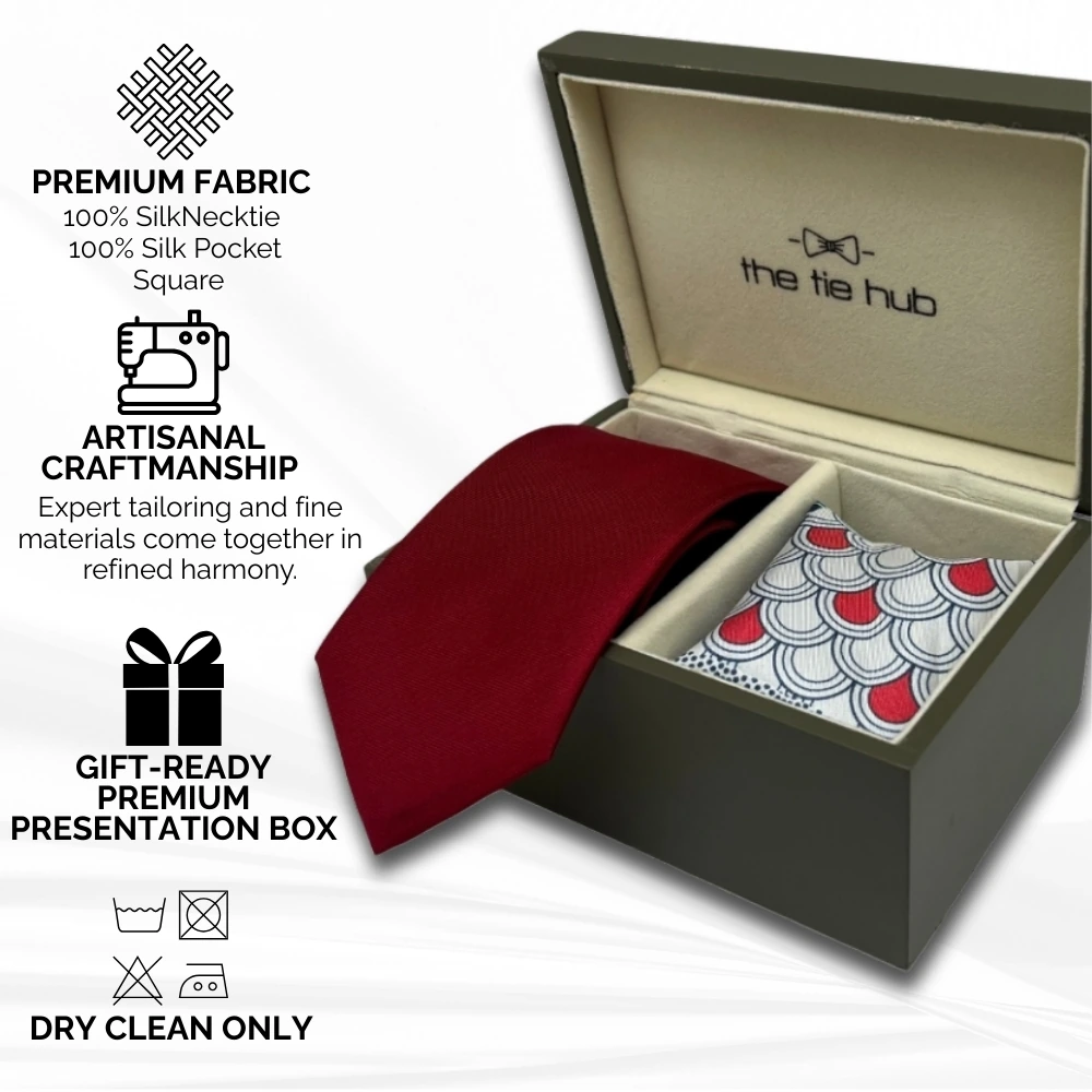 Red Silk Necktie and Patterned Pocket Square Gift Set - Premium Mens Accessory Combo for Men