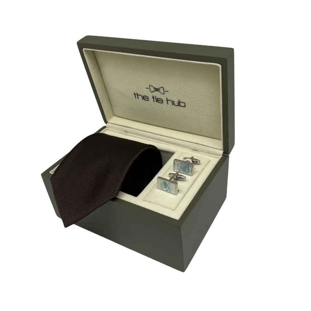 Brown Silk Necktie and Mother of Pearl Brass Cufflinks Gift Set - Premium Men's Accessory Combo for Men