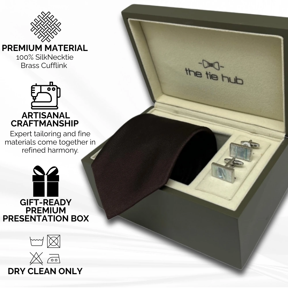 Brown Silk Necktie and Mother of Pearl Brass Cufflinks Gift Set - Premium Men's Accessory Combo for Men