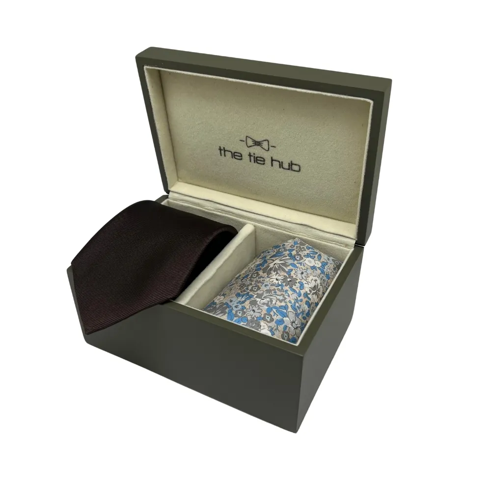 Brown Silk Necktie and Cream Floral Silk Pocket Square Gift Set - Premium Men's Accessory Combo for Men