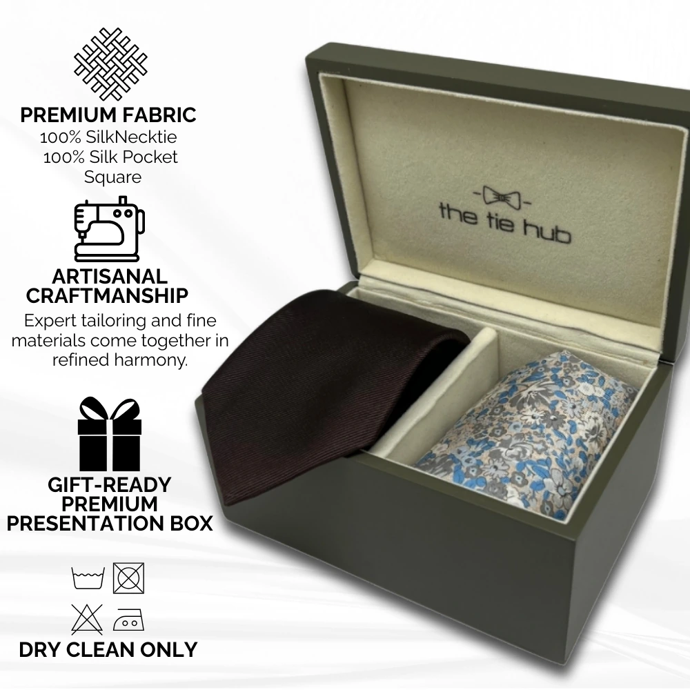 Brown Silk Necktie and Cream Floral Silk Pocket Square Gift Set - Premium Men's Accessory Combo for Men