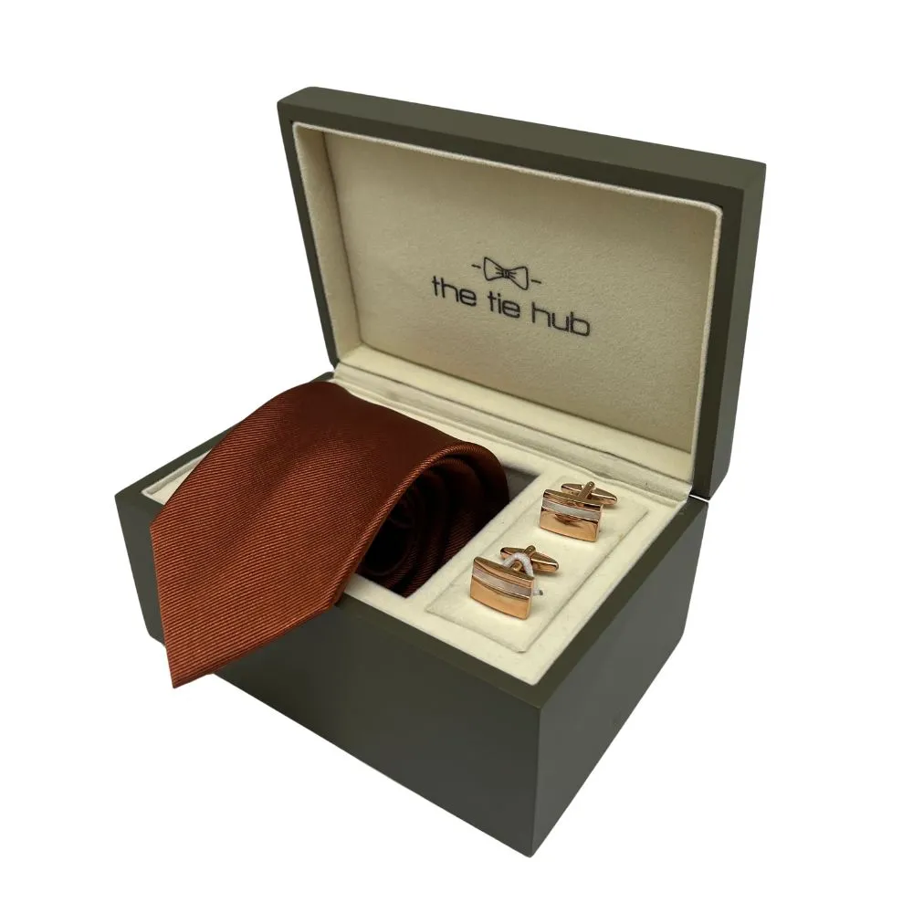 Rust Silk Necktie and Rose Gold Brass Cufflinks Gift Set - Premium Men's Accessory Combo for Men