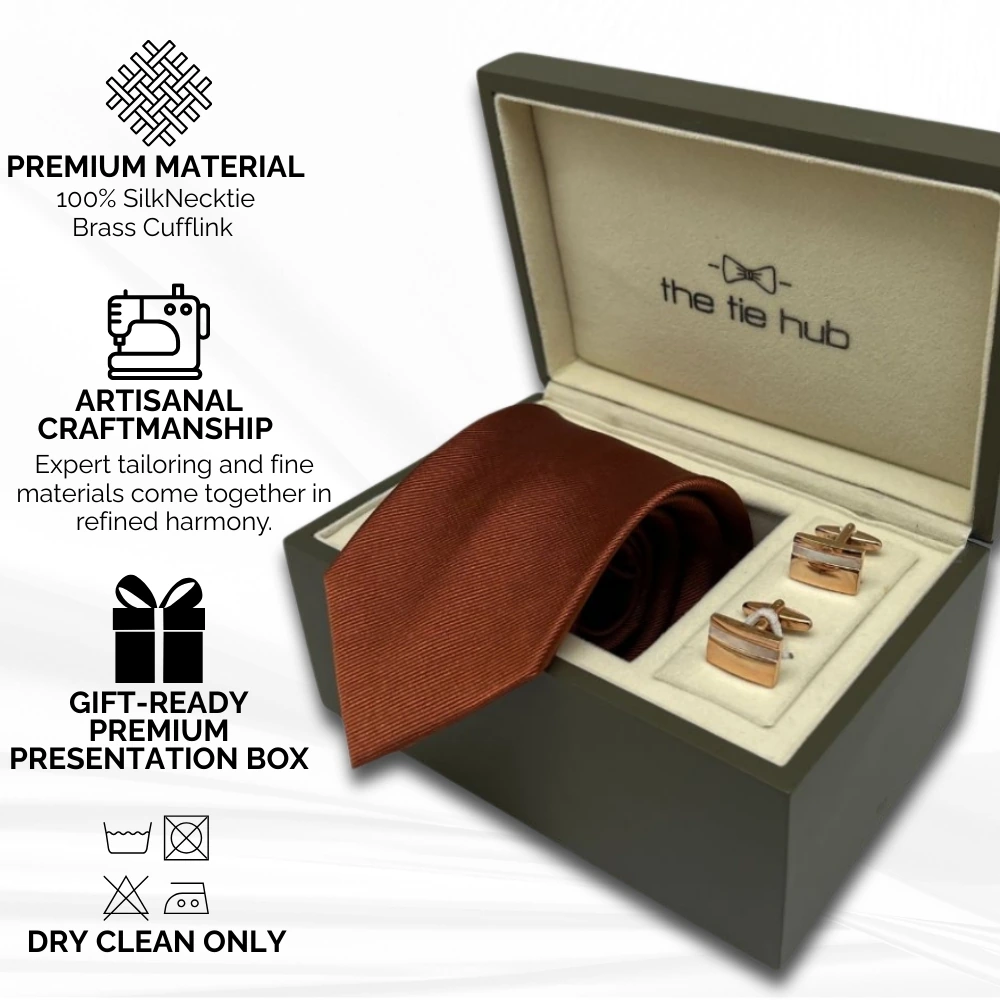 Rust Silk Necktie and Rose Gold Brass Cufflinks Gift Set - Premium Men's Accessory Combo for Men