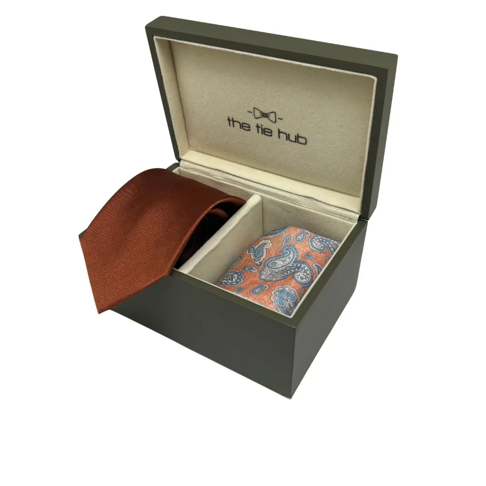 Rust Silk Necktie and Orange Paisley Pocket Square Gift Set - Premium Men's Accessory Combo for Men