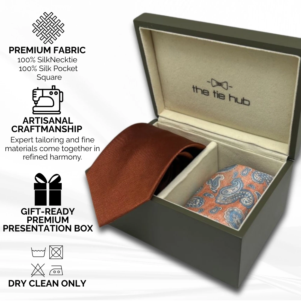 Rust Silk Necktie and Orange Paisley Pocket Square Gift Set - Premium Men's Accessory Combo for Men