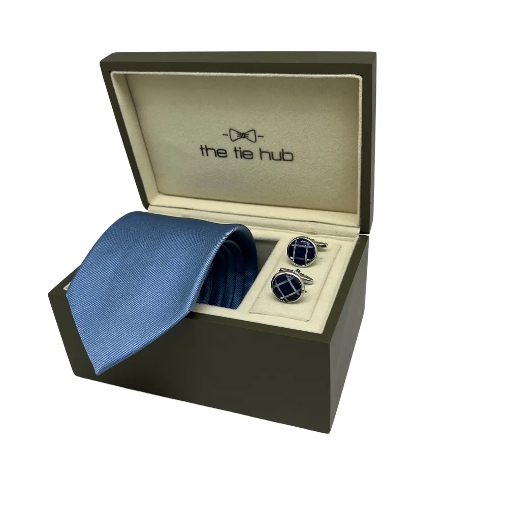 Blue Silk Necktie and Navy Blue Mother of Pearl Cufflinks Gift Set - Premium Mens Accessory Combo for Men