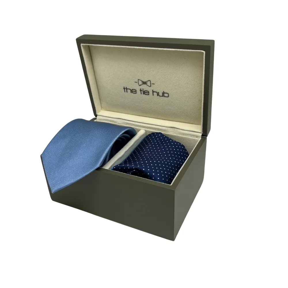 Blue Silk Necktie and Navy Blue Polka Dot Pocket Square Gift Set - Premium Men's Accessory Combo for Men